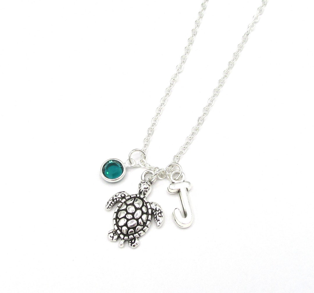 Sea Turtle Necklace Birthstone and Initial, Sea Turtle Jewelry, Turtle