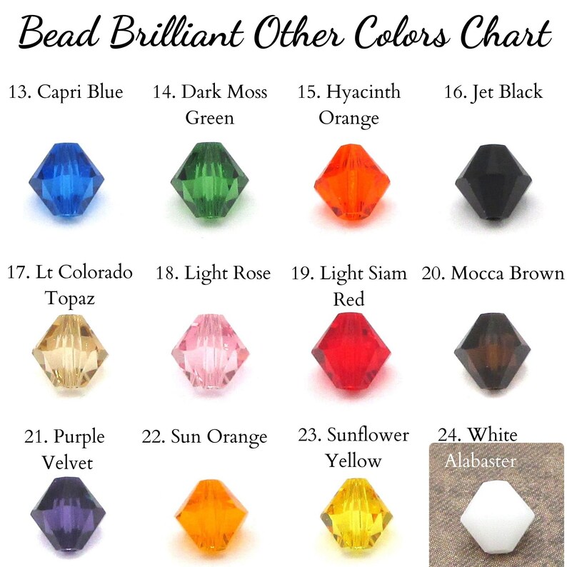 May include: Chart of 12 different colors of glass beads. The beads are all faceted and have a square shape. The colors are Capri Blue, Dark Moss Green, Hyacinth Orange, Jet Black, Lt Colorado Topaz, Light Rose, Light Siam Red, Mocca Brown, Purple Velvet, Sun Orange, Sunflower Yellow, and White Alabaster.