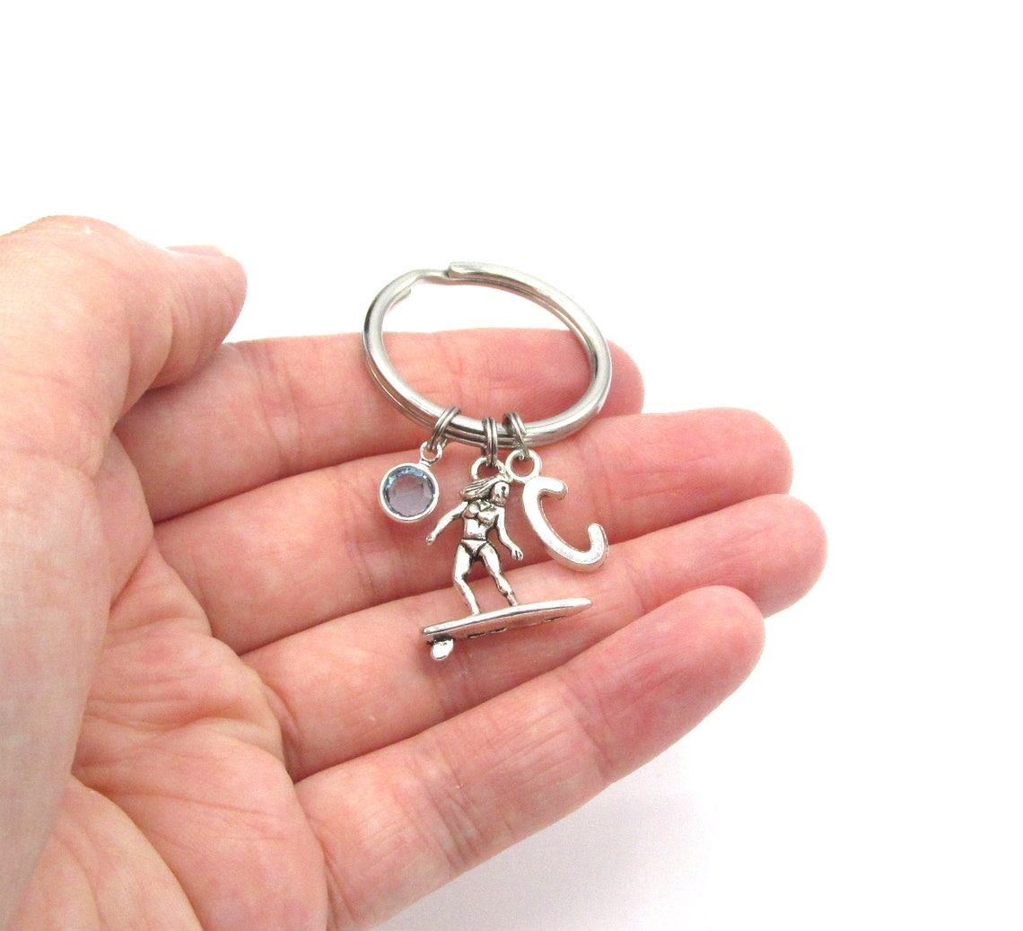 Surfer Keychain- Birthstone and Initial, Surfing Keychain, Surf Keyring ...