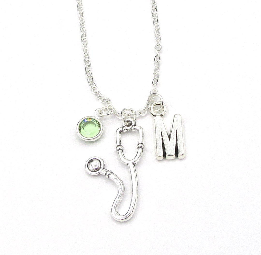 Stethoscope Necklace Birthstone and Initial, Doctor Jewelry, Doctor