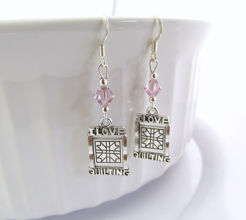 I Love Quilting Earrings choose a birthstone, Quilt Jewelry, Quilt Gift, Quilter Birthstone, I Love to Quilt, Gift for Quilter, Quilt Charm image 5