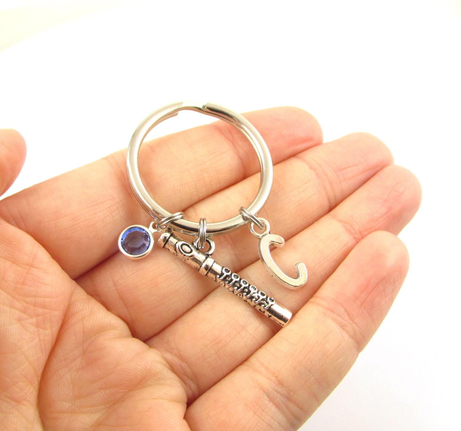 Flute Keychain Birthstone and Initial Flute Keyring Flute Etsy