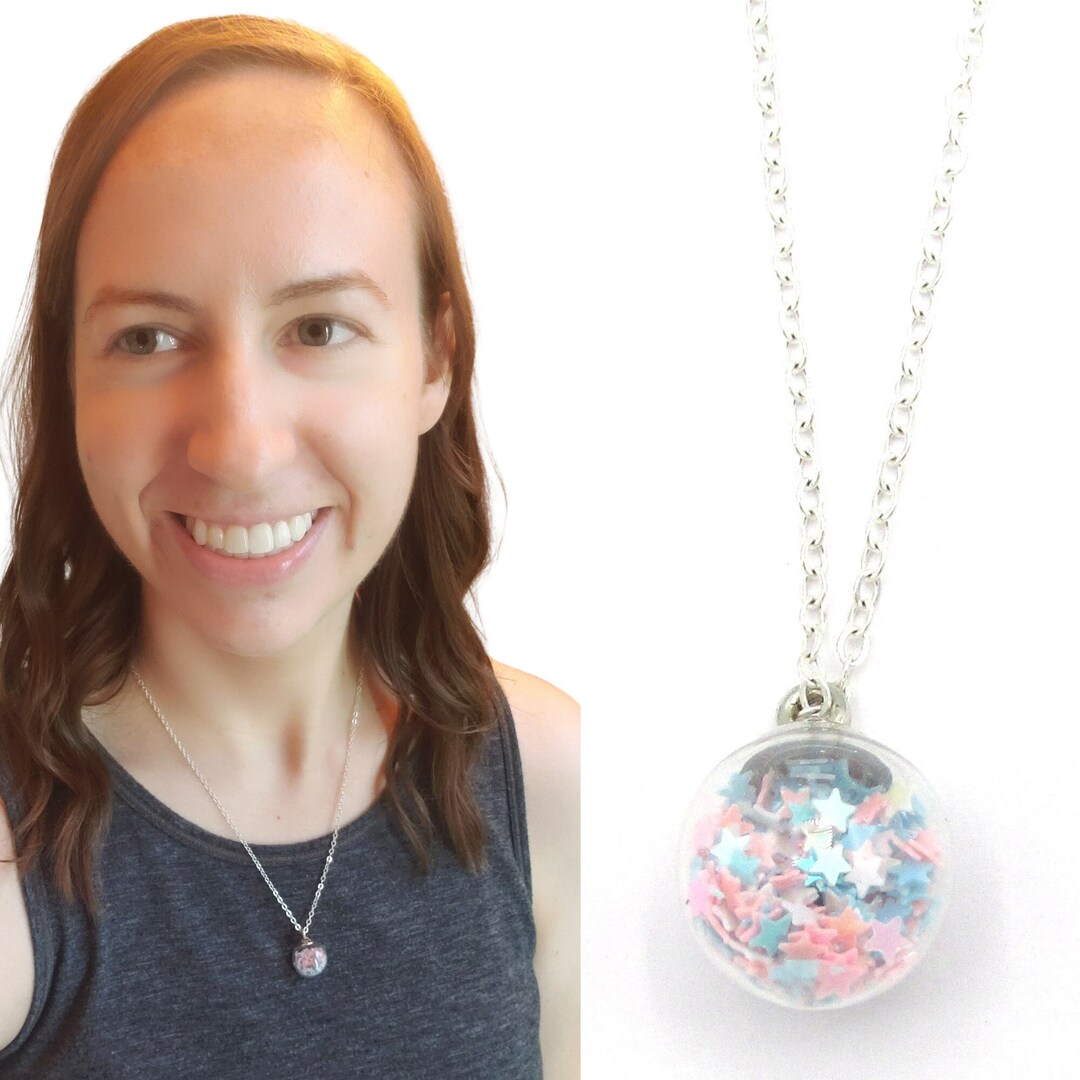 Glitter Stars Glass Globe Necklace Pink Purple Iridescent Glitter