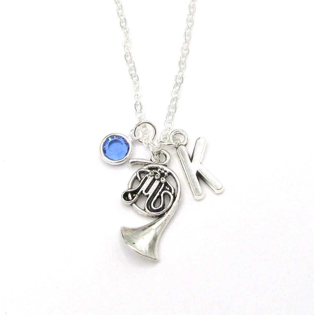 French Horn Necklace Birthstone and Initial, French Horn Jewelry