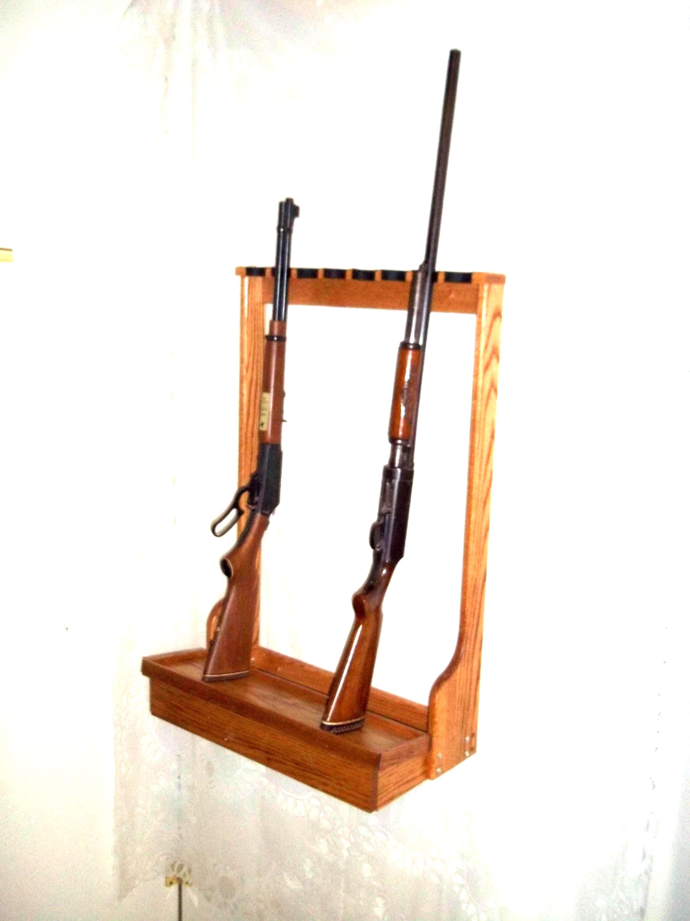 thumbnail image 2 of Handmade Oak Wall Gun Rack – 4-Place Rifle/Shotgun Display, Medium Walnut Finish, USA Made, Hardware Included 2 of 5