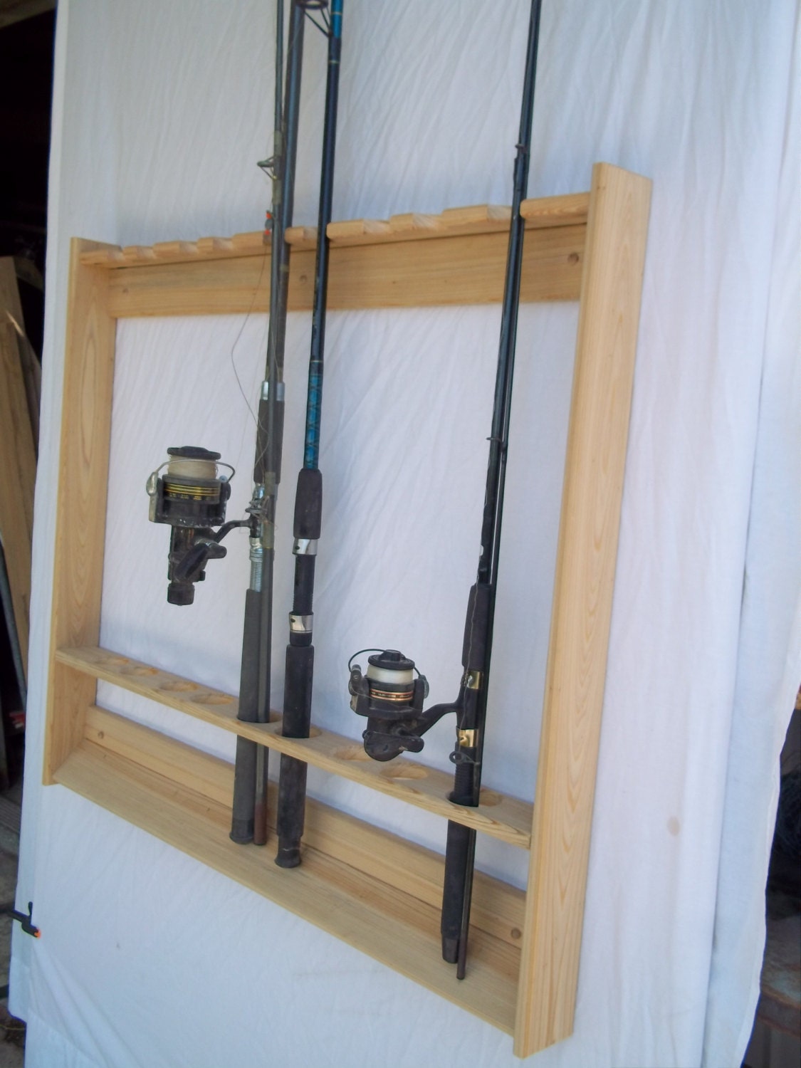 Wallmount Fishing Rod & Pole Rack Unfinished Red Oak -  New