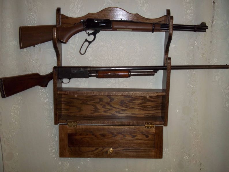 2 Gun Rack with Locking Storage Compartment Walnut Finish Etsy