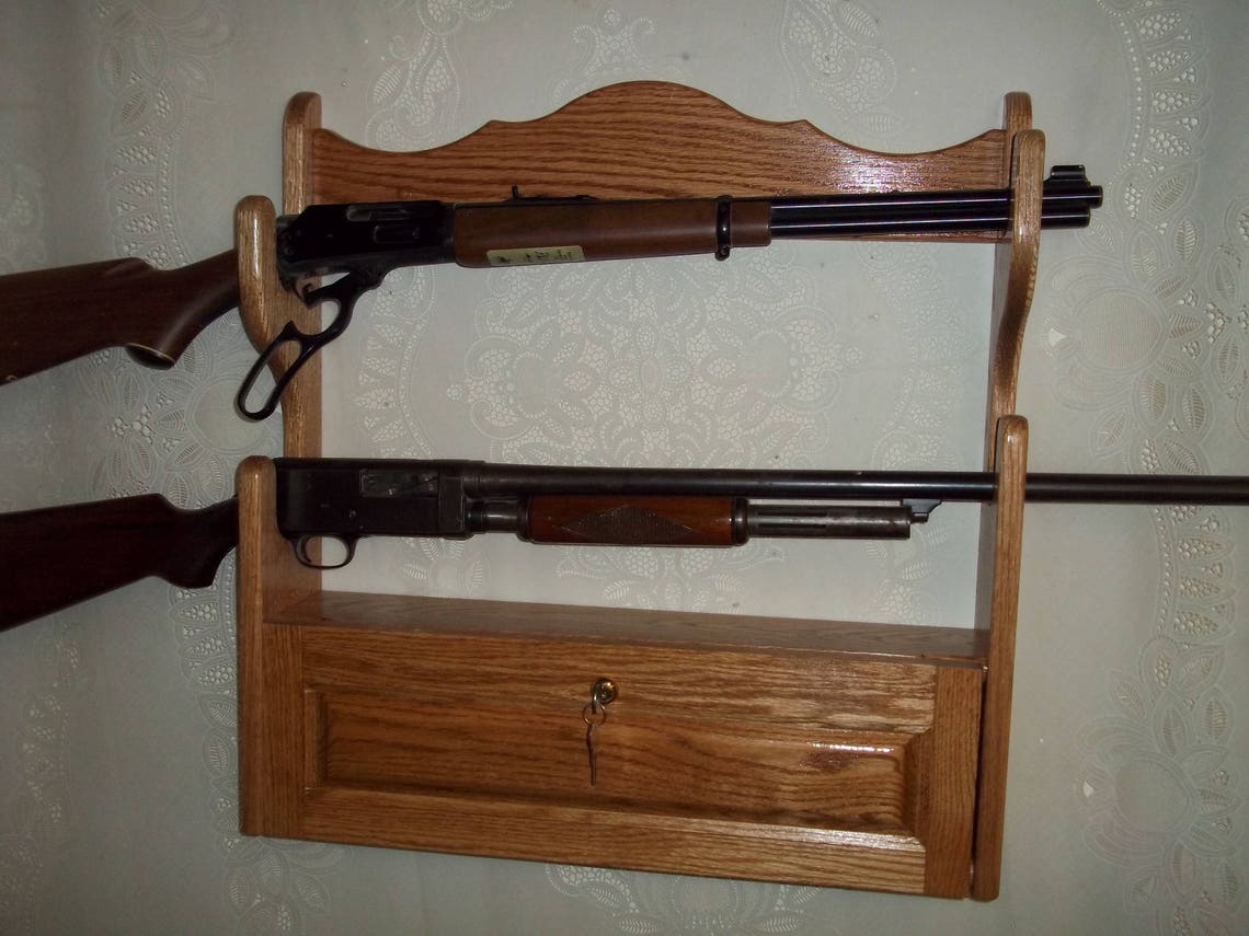 2 Gun Rack W/ Locking Storage Compartment Golden Oak Finish - Etsy