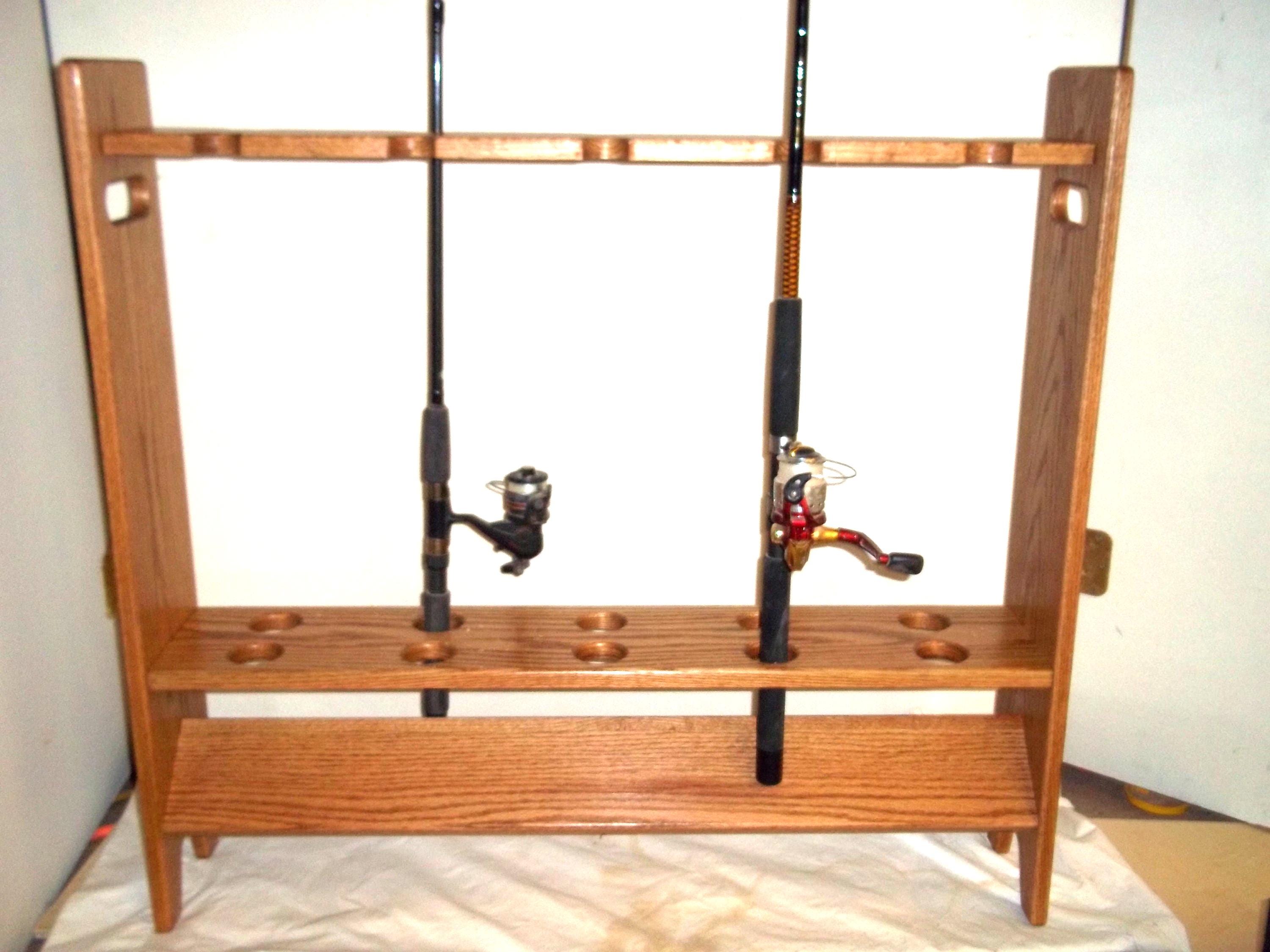 6-foot wooden fishing pole rack with top holes and bottom recesses