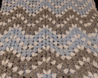 Crochet Baby Blanket-Ripple Stitch Pattern-Crochet Afghan-Blue, Gray, White-Chevron Design-Lap Blanket-Vintage Handmade Crochet Afghan