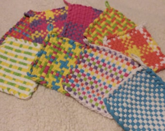 Set of Three Hand Woven Potholders-Mug Rug-Oversize Coasters-Assorted Woven Trivets-Cotton Blend-Jersey Cotton-Handcrafted Pot Holders