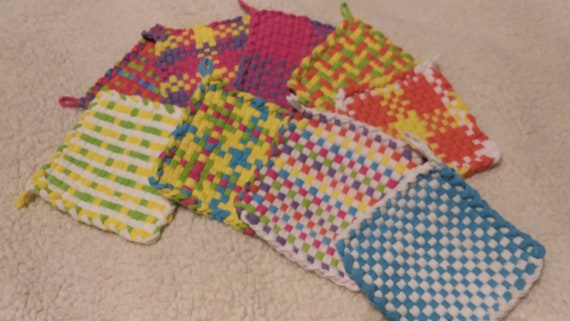 Set of Three Hand Woven Potholders-Mug Rug-Oversize Coasters-Assorted Woven Trivets-Cotton Blend-Jersey Cotton-Handcrafted Pot Holders