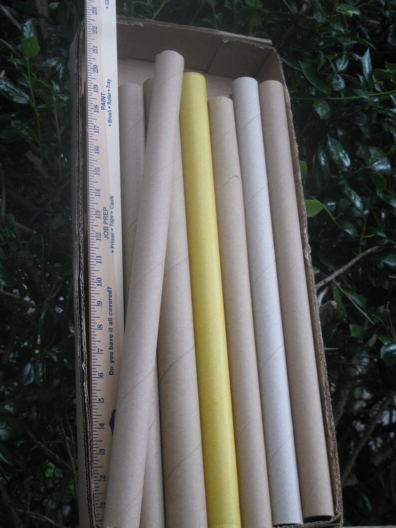 May include: A cardboard box filled with several cylindrical tubes of varying colors, including beige, yellow, and white. A wooden ruler with printed text is placed inside the box, next to the tubes. The tubes appear to be for art or craft projects.