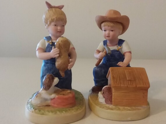 Denim Days By Homco 1985 Home Interiors Collectable Figurines Set Of 2 Denim Days Puppy Love Figurines Children Puppies Ceramic Figurines