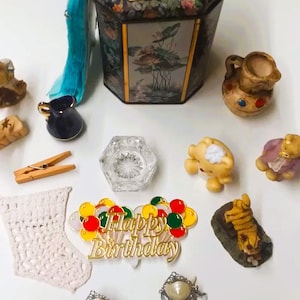 Junk Drawer-Vintage Found Objects-Decorative Tin-Assorted Figurines & Treasures-Vintage Oriental Style Tin Treasure Box-Knick Knacks