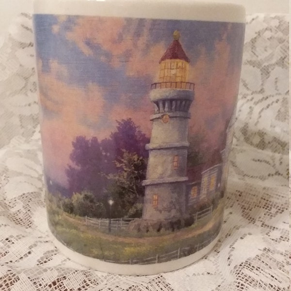 Lighthouse Mug-Thomas Kinkade Painter of Light Ceramic Coffee Cup-Vintage Coffee Cup-Ocean Cottage-Collectors Gift-Victorian Light 2000