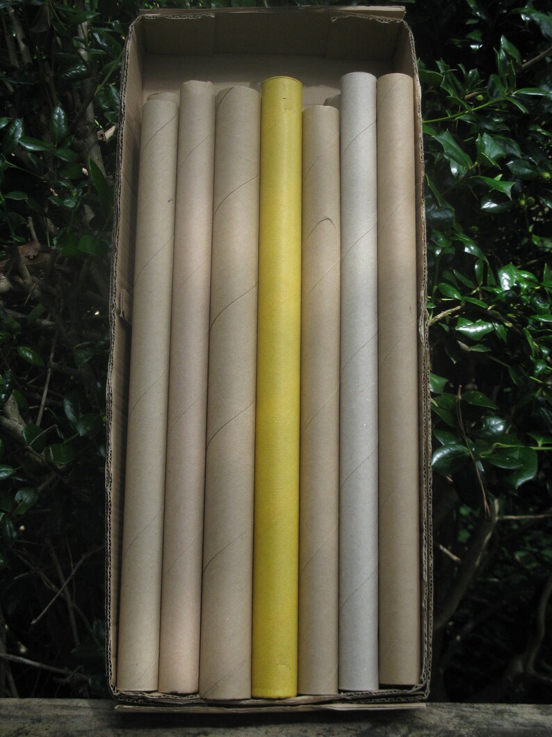 May include: A cardboard box filled with several cylindrical paper tubes. The tubes are various shades of tan and gray, with one bright yellow tube in the center. The tubes are arranged vertically.
