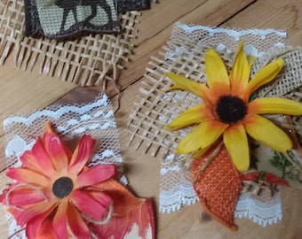 Journaling Clusters-Set of 3 Handmade Junk Journal Embellishments-Burlap, Lace, Ribbon-Silk Flowers-Journal Snippets-Craft Supply