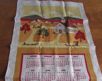 Vintage Calendar Towel - White Church and Buggies -  Vintage Linen Calendar 1983 - Pure Linen