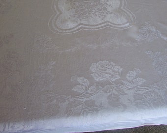 Large Cream Linen Damask Tablecloth - Antique Linen - Damask Linen - Large Rectangular Tablecloth - 55 x 70"