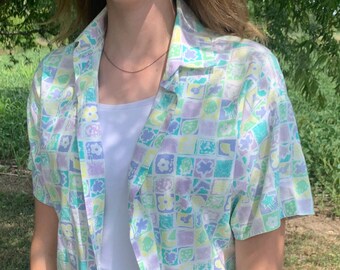 Vintage Pastel Print Blouse - Aqua, Purple and Yellow - 1980s Blouse - Size Small - Floral Button Up Blouse - HER Brand