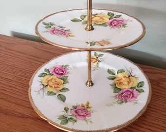 Rare Vintage Jason Bone China Two Tier Stand - Vintage Wedding - Yellow and Pink Roses- Vintage Bone China Plate