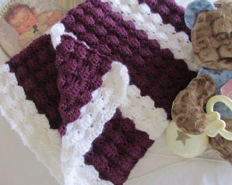 Stroller blanket - Car seat blanket - Baby blanket - Crib blanket - Carriage throw - Photo Prop - White and Eggplant Purple