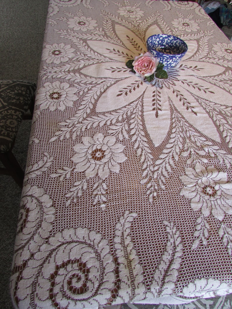 Antique Ecru Quaker Lace Tablecloth Vintage Rectangular Tablecloth 60 x 81 Ecru and Brown Quaker Lace Linen Antique Lace