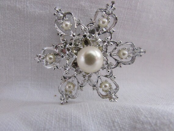 Vintage Silver Brooch with Pearls - Snowflake Bro… - image 1