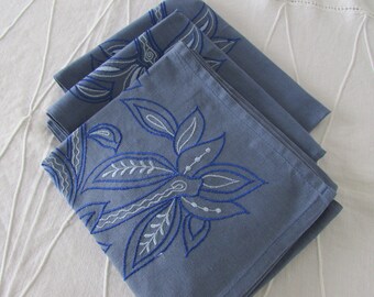 Three New Vintage Denim Blue Cotton Placemats - Vintage Cotton Runners - Machine Embroidery - Set of 3 - Blue on Blue