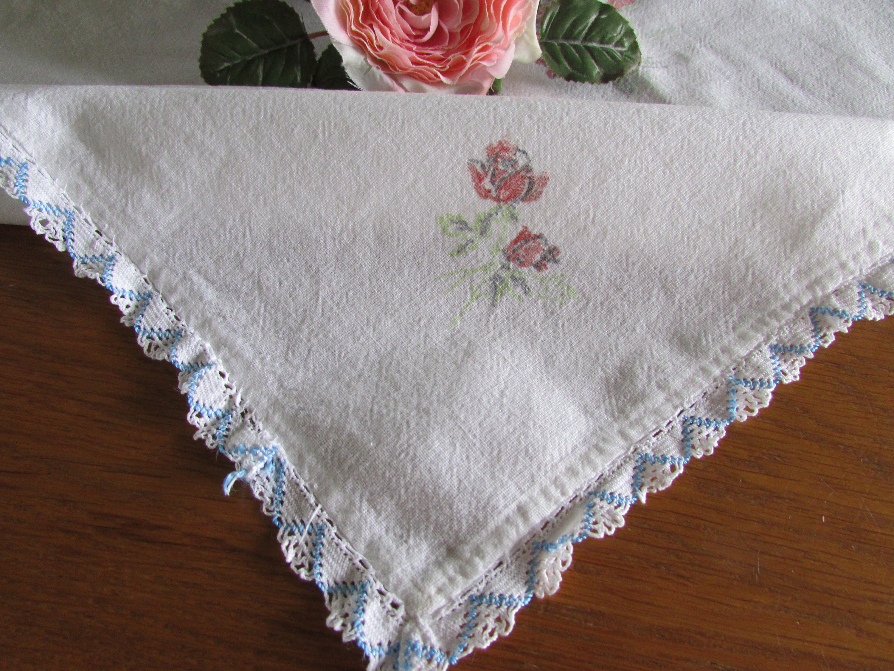 Vintage Square Painted Cotton Tablecloth Painted Roses Crocheted Lace Edge Card Table Linen High Tea Bridal Shower 30