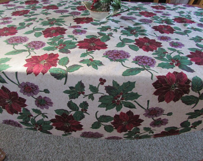 Vintage 55 Round Christmas Tablecloth Burgundy and Lavender Flowers