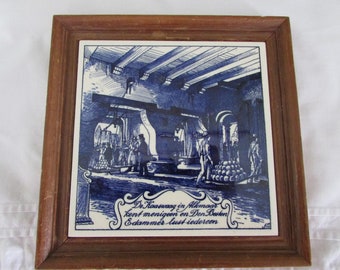 Vintage Dutch Delft Blue Ceramic Framed Tile - Cheese Market Scene - Wooden Frames - Delft Blue Tile - De Kaaswaag in Alkmaar