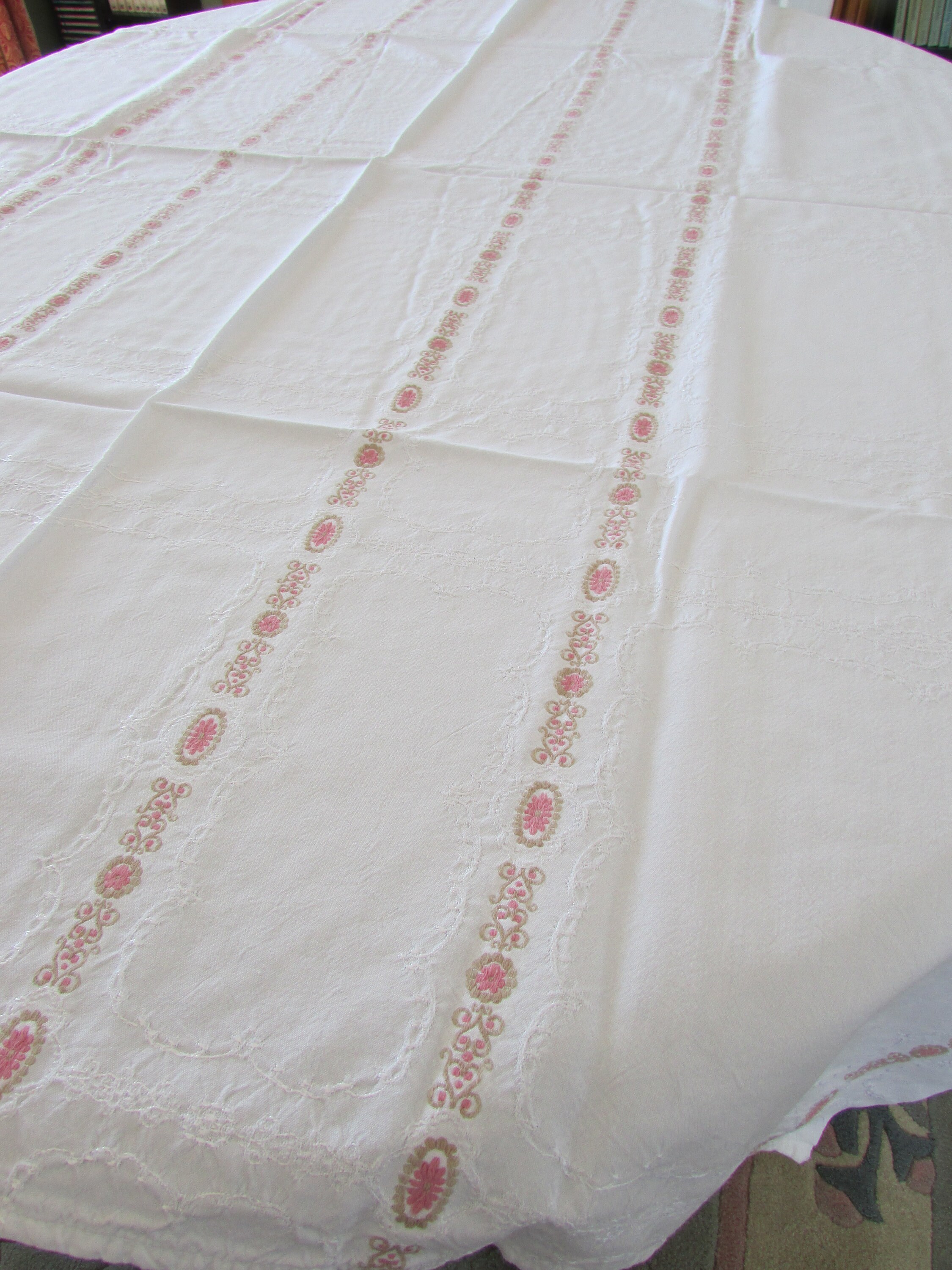 Vintage DeWitte Lietaer Tablecloth Pink Embroidery Cotton Tablecloth High Tea Bridal Shower 59 x 49