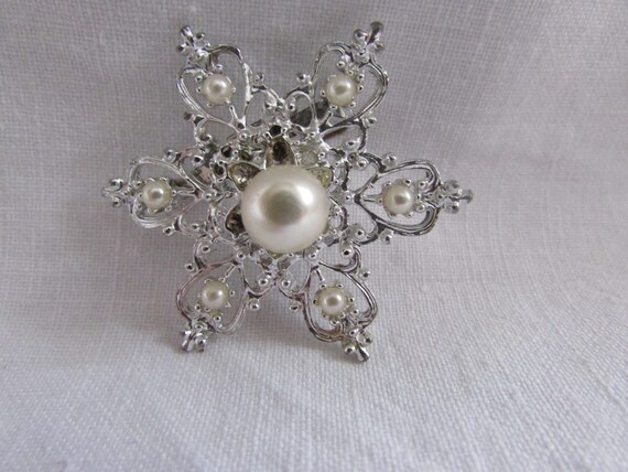 Vintage Silver Brooch with Pearls - Snowflake Bro… - image 5