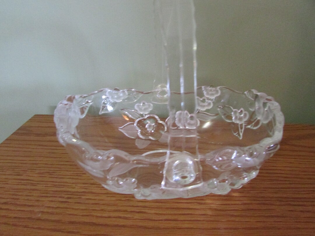Vintage Embossed Glass Basket With Handle Candy Dish Floral Design