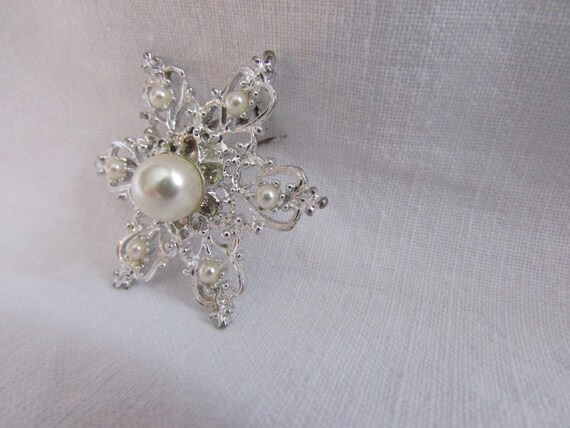 Vintage Silver Brooch with Pearls - Snowflake Bro… - image 2