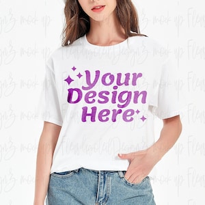 Gildan 64000 White Mockup Model T-Shirt Mockup Female Model T-Shirt Women&#39;s Gildan Mockup