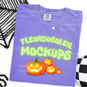 Comfort Colors® 1717 Violet T-Shirt Mockup, Halloween Shirt Mockup, Flat Lay Autumn Tee Mockup, Purple Boho Rustic Fall Shirt