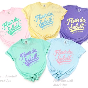 Comfort Colors 1717 Group Shirt Mockup, Blossom Butter Violet Island Reef Chambray Tee Flatlay, Trendy Summer T-Shirt Mockup