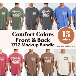 以下が含まれることがあります： 緑、グレー、青、赤、茶色、クリーム色など、さまざまな色のComfort Colors Tシャツのモックアップバンドル。各シャツには、前面と背面に「Fleur du Soleil」のロゴが表示されています。画像には「15色」と「1717 Mockup Bundle」というテキストも含まれています。