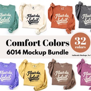 Comfort Colors C6014 Langarm-Mockup-Bundle, flach gelegt, 32 echte Farben, minimaler weißer Hintergrund, echtes Foto