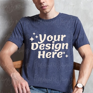 Men&#39;s T-Shirt Mockup Bella Canvas 3001 CVC Heather Navy Mockup Men Male Model T-Shirt Shirt Mockups Males Blank Mockups for Men