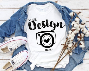 Gildan 64000 White Shirt Flat Lay Mockup Simple Neutral Boho Flatlay Aesthetic Tee G640 White flat lay Tshirt Mock-up Real Product Mock