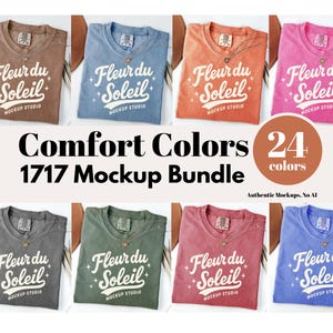 Op de afbeelding: Een verzameling t-shirts in verschillende kleuren, waaronder bruin, blauw, oranje, roze, grijs, groen, rood en paars. Elk shirt heeft de tekst "Fleur du Soleil" en "MOCKUP STUDIO". De afbeelding bevat ook de tekst "Comfort Colors 1717 Mockup Bundle" en "24 kleuren".