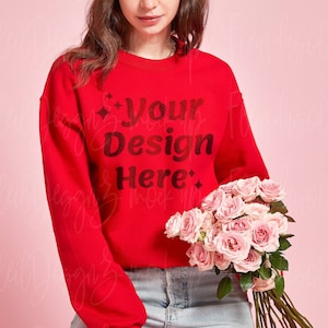 Model Mockup Red Sweatshirt Gildan 18000 Crewneck Sweatshirt Red Sweatshirt Mockup 18000 Mock Up Gildan Mockups