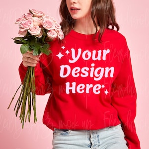 Model Mockup Red Sweatshirt Gildan 18000 Crewneck Sweatshirt Red Sweatshirt Mockup 18000 Mock Up Gildan Mockups