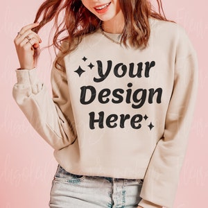 Gildan 18000 Heavy Blend Crewneck Sweatshirt Mockup 18000 Sand Mock Up BOHO Gildan Mockups Sweatshirt Mockup