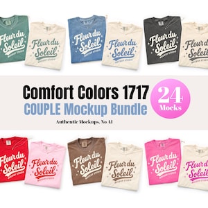 May include: A collection of Comfort Colors 1717 t-shirts in various colors, including green, cream, blue, gray, and red. Each shirt features the text "Fleur du Soleil" in a stylized font. The image also includes text that reads "COUPLE Mockup Bundle".