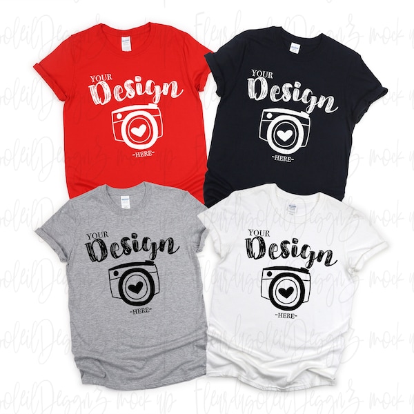 Family Blank T-Shirt Gildan soft style Mock Up Family t-shirt mockup Gildan 64000 group White/ red / black/ Sport Grey